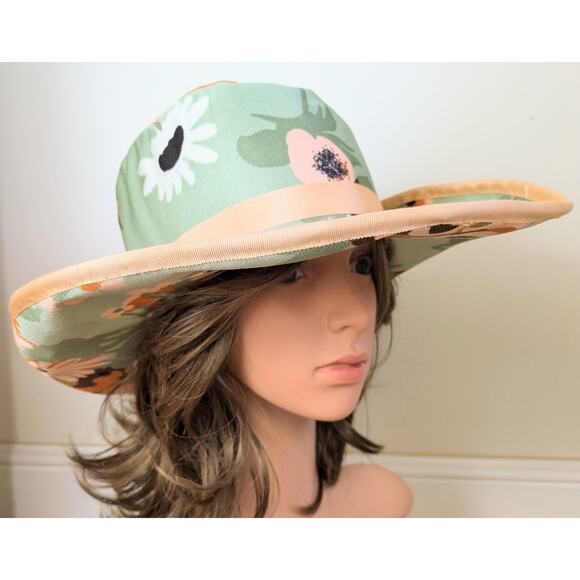 Handcrafted Hat Wide Brim Mint Peach Floral Ribbon Band Garden Cottagecore Med - Picture 2 of 12